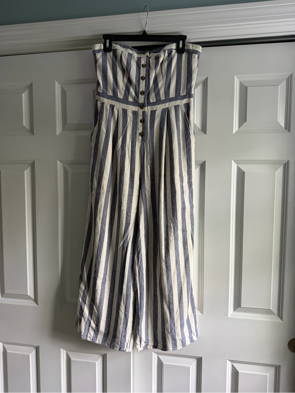 American Eagle Outfitters Vertical Stripe Strapless Jumpsuit in Blue and White